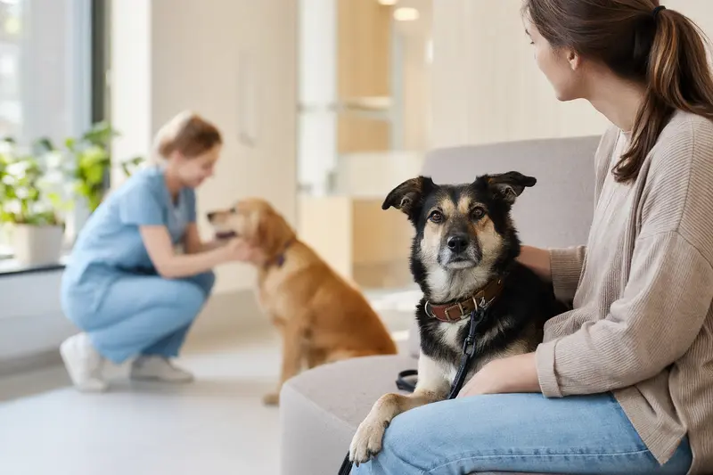 Ein Chongqing-Hund sitzt ruhig neben seinem Besitzer im hellen Wartezimmer einer modernen Tierarztpraxis.